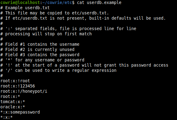 Die Beispieldatei userdb.example, welche erklärt wie man Nutzer und Passwörter für cowrie konfigurieren kann.