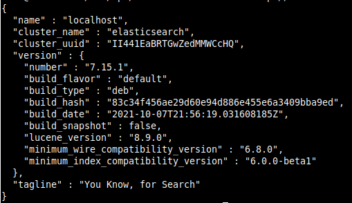 Ein JSON Objekt, welches uns bestätigt, dass Elasticsearch auf Port 9200 lauscht.