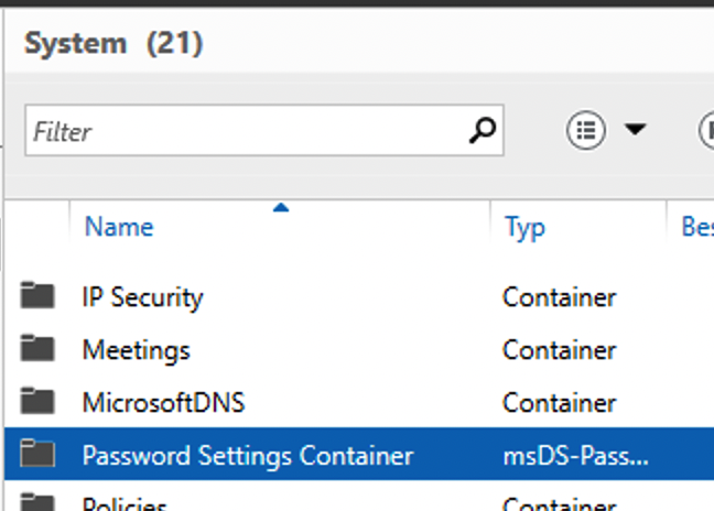 Screenshot des Password Settings Container Ordners