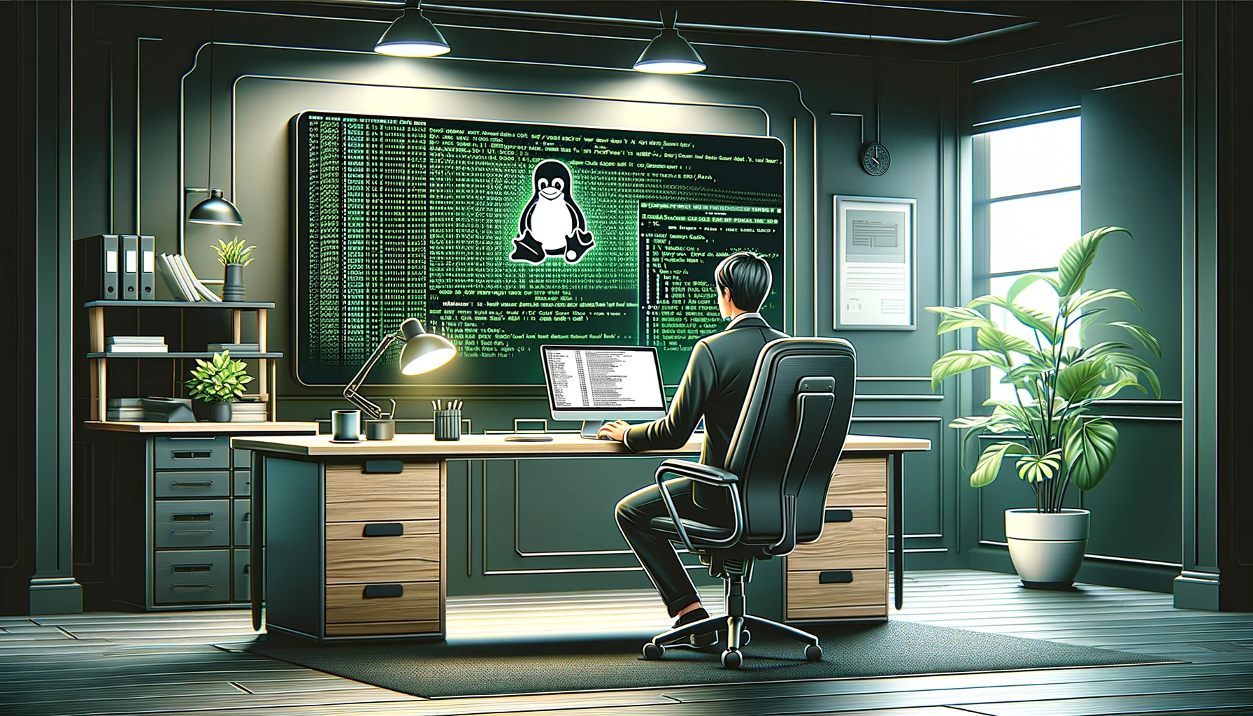 Eine Person sitzt vor einem großen Bildschirm und schaut auf eine Linux CLI