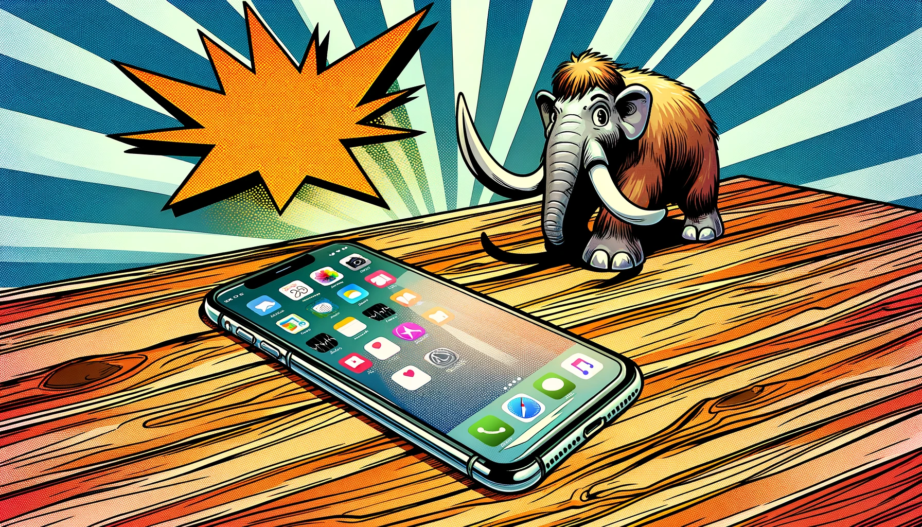 Ein iPhone liegt auf einem Tisch. Danaben steht ein Mastodon.