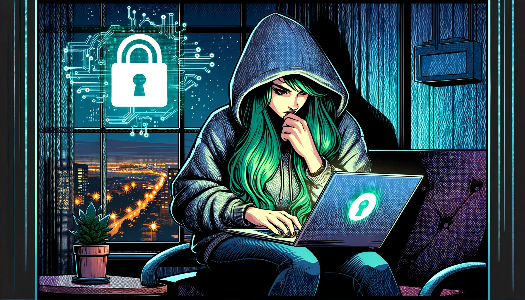 Eine Hackerin sitzt auf dem Sofa vor ihrem Laptop und löst das Overpass CTF. Im Hintergrund sieht man die Stadt bei nacht durch das große Fenster.