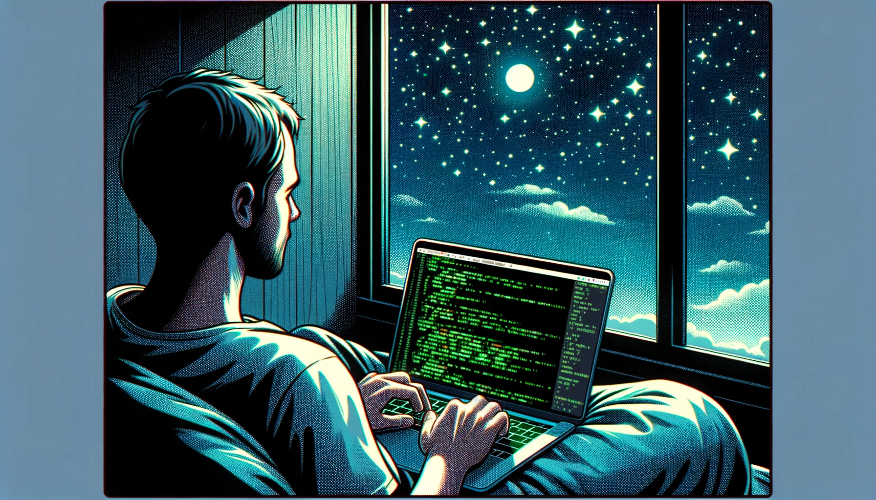 Ein Entwickler sitzt vor einem Laptop und schreibt Code. Im Hintergrund sieht man den Nachthimmel aus dem Fenster.