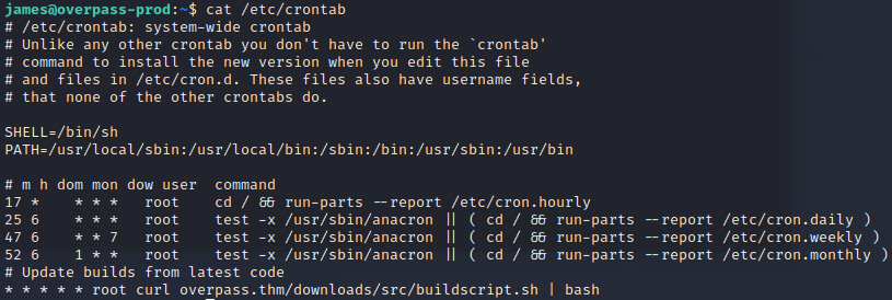 Anzeige des Cronjobs, welcher minütlich das Buildscript neu lädt und an Bash übergibt.