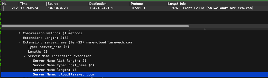 Screenshot of Wireshark. The SNI field shows cloudflare-ech.com