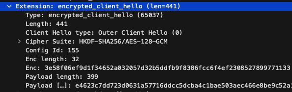 Screenshot of Wireshark. It shows the encrypted_client_hello extension